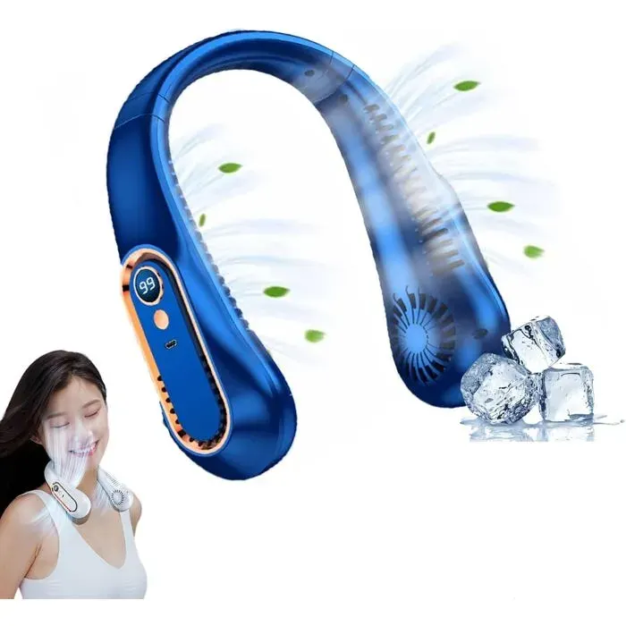 Ventilateur de cou portable affichage numérique fonctionnement sur batterie rechargeable sans pales mains libres 5 vitesses