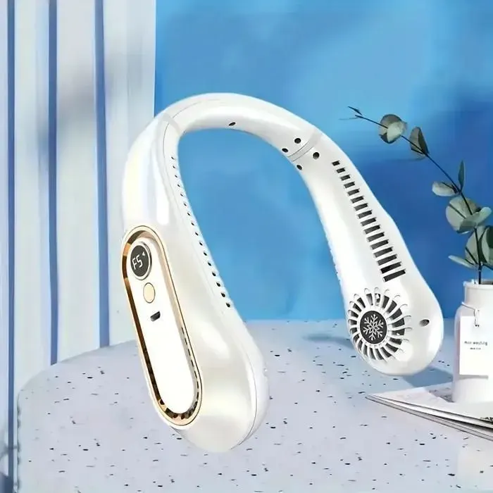 Ventilateur de cou portable avec chargement USB et vitesse du vent réglable adapté aux sports de plein air et aux voyages