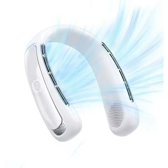 Ventilateur de cou portable - Blanc - 5 vitesses - Autonomie 5-12 heures - Silencieux 20 dB