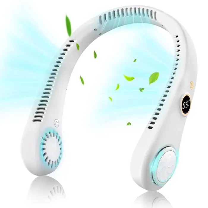 Ventilateur de Cou Portable Blanc Ventilateur USB Rechargeable 5 Vitesses Tour de Cou Bureau Voyage Été Maison