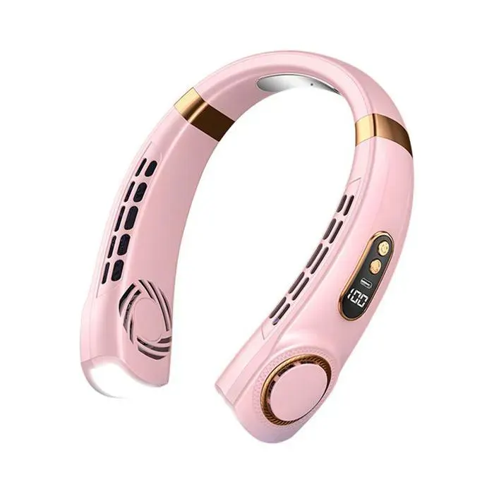 Ventilateur de Cou Portable - BYTELIKE - Rechargeable - 5 Vitesses Lumières Ambiance Colorée Écran LED - Rose