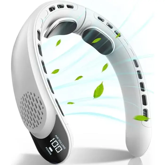 Ventilateur de Cou Portable-Mains Libres Rafraîchissant -Sans pales 4 turbines 4000mAh 3 vitesses 360° - Intérieur extérieur-Blanc