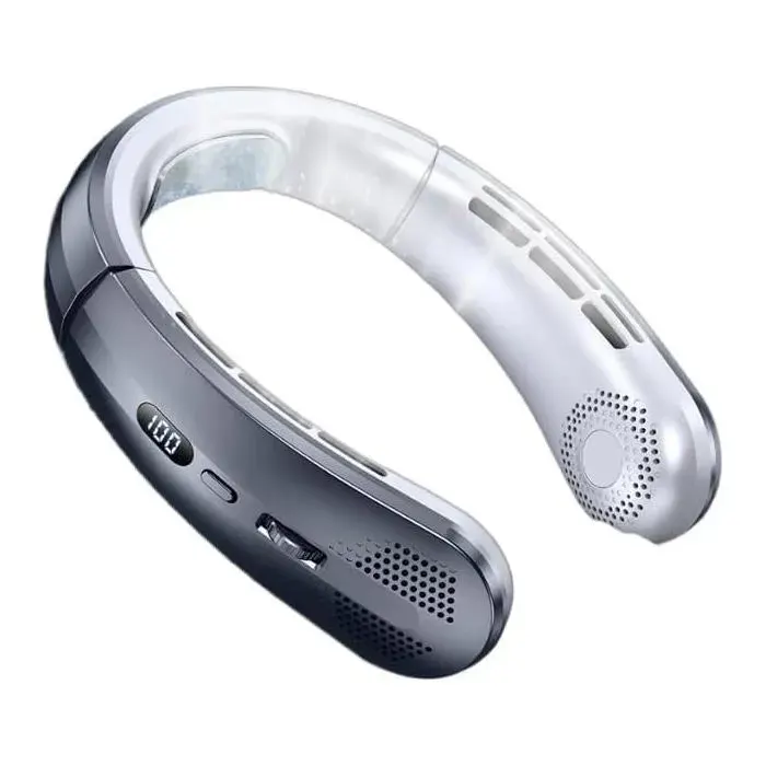 Ventilateur De Cou Portable - rechargeable par USB - Sans pales 100 vitesses 5000mAh - Intérieur extérieur écran numérique - Gris