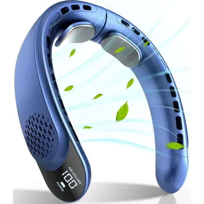 Ventilateur de cou portable - S8 - 3 vitesses - Batterie 4000 mAh - Chargement USB C - Bleu