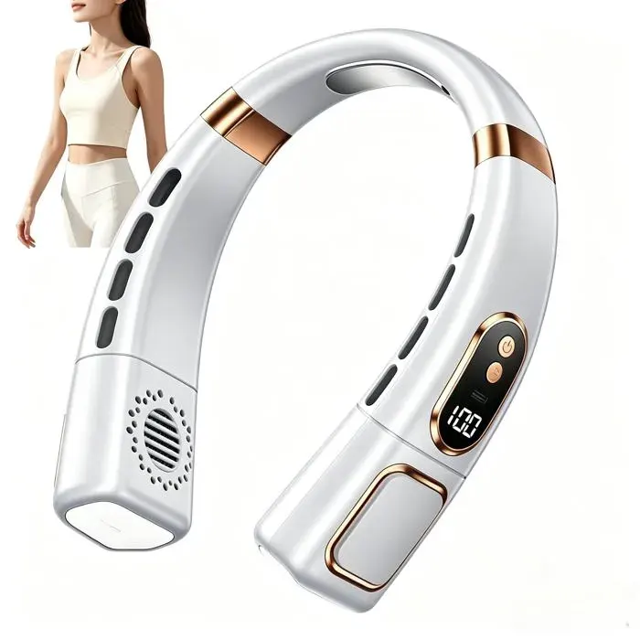 Ventilateur de cou portable – Silencieux 5 vitesses – Ventilateur portable à porter autour du cou avec écran LED (Blanc)