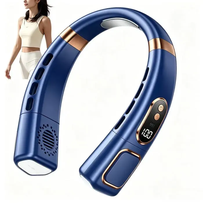 Ventilateur de cou portable – Silencieux rechargeable 5 vitesses – Ventilateur tour de cou avec écran LED (Bleu)