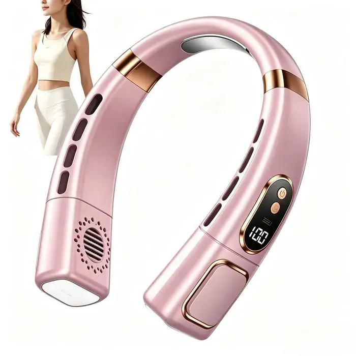 Ventilateur de cou portable – Silencieux rechargeable 5 vitesses – Ventilateur tour de cou avec écran LED (Rose)