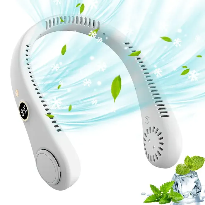 Ventilateur de cou sans fil rechargeable USB 5 vitesses réglables avec écran digital 56 sorties d’air 1500mAh Silencieuxblanc