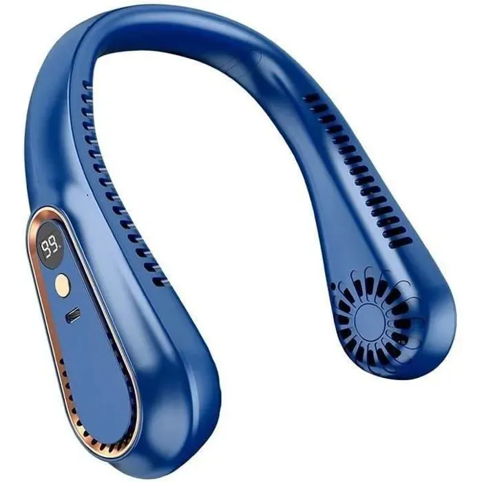 Ventilateur de cou sans fil - - Rechargeable USB - Sans pales - Affichage numérique - 5 vitesses - Bleu Femeo