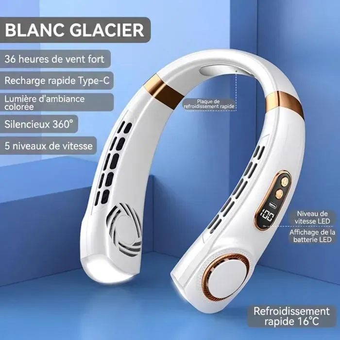 Ventilateur de cou sans hélice rechargeable USB-Csystème de refroidissement céramique froid 16°Cmoteur cyclone 8 noyaux 5 vitesses