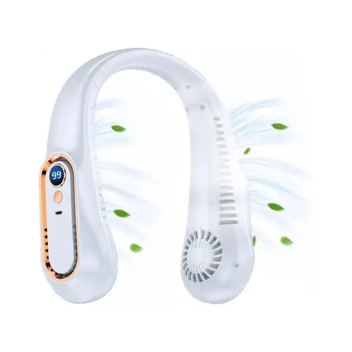 Ventilateur de cou sans pales - Flux d’air bilatéral mains libres - Rechargeable - Blanc