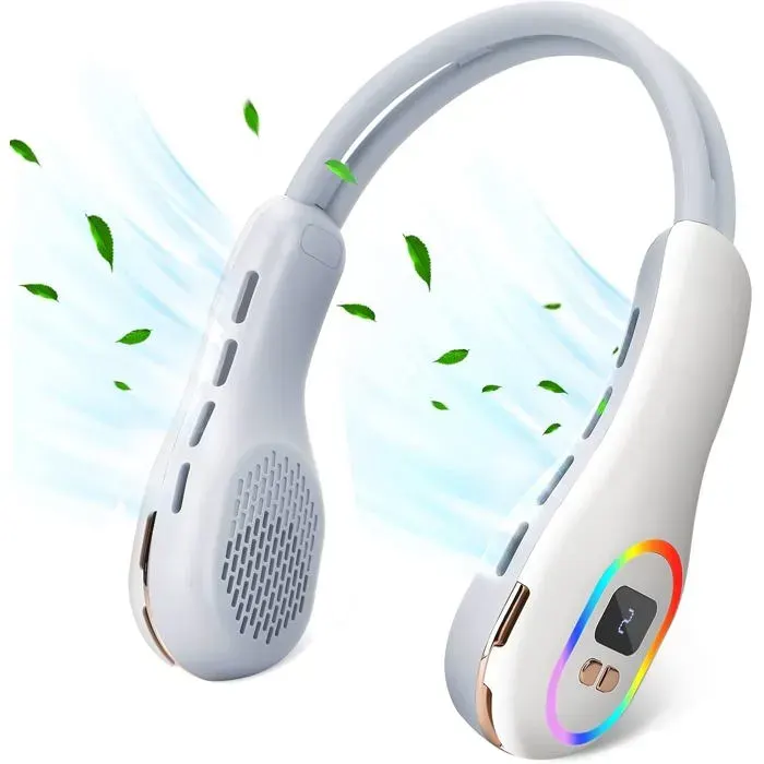 Ventilateur de cou sans pales - VIREXA - Modèle 4000 mAh - Batterie rechargeable USB - Lumière RGB - Blanc