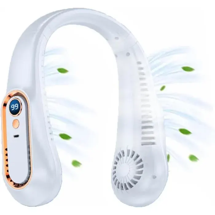 Ventilateur De Cou - Tendance Nomade Autonomie - 5 vitesses USB 7000mAh silencieux - Voyage bureau plein air - Blanc