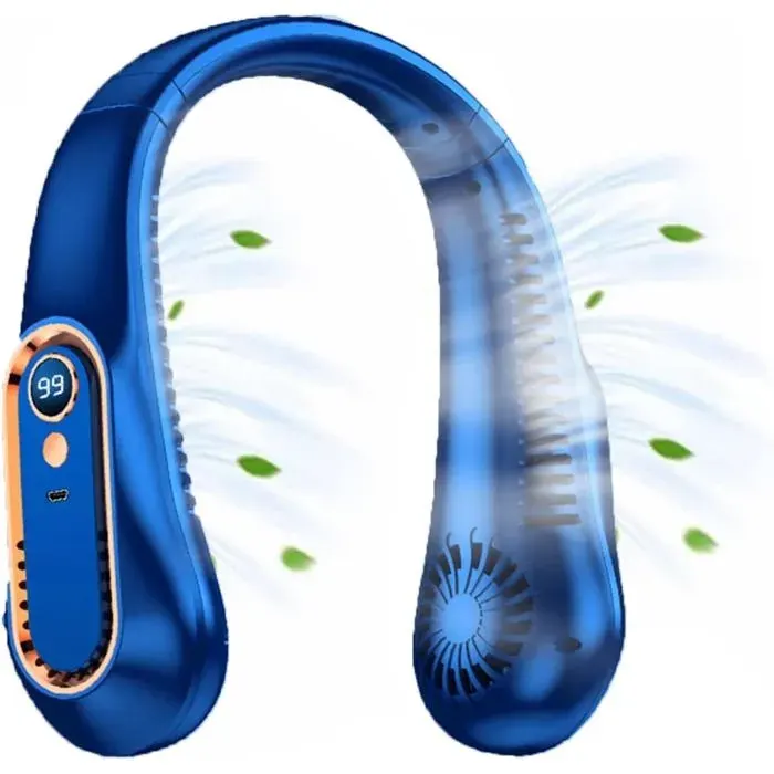 Ventilateur De Cou - Tendance Nomade Autonomie - 5 vitesses USB 7000mAh silencieux - Voyage bureau plein air - Bleu