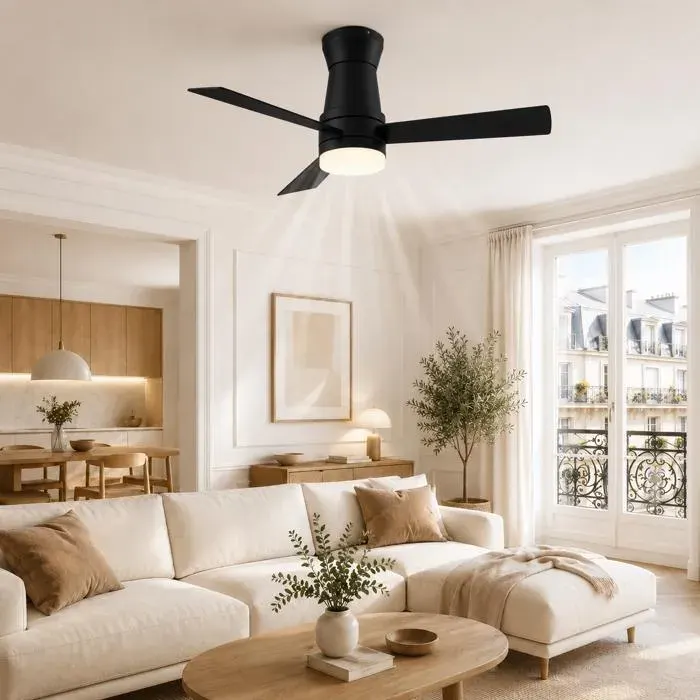 Ventilateur de plafond 106.6cm avec lumière LEDmoteur DC silencieux6 vitesses réversible télécommande3 Réglages de Couleurnoir
