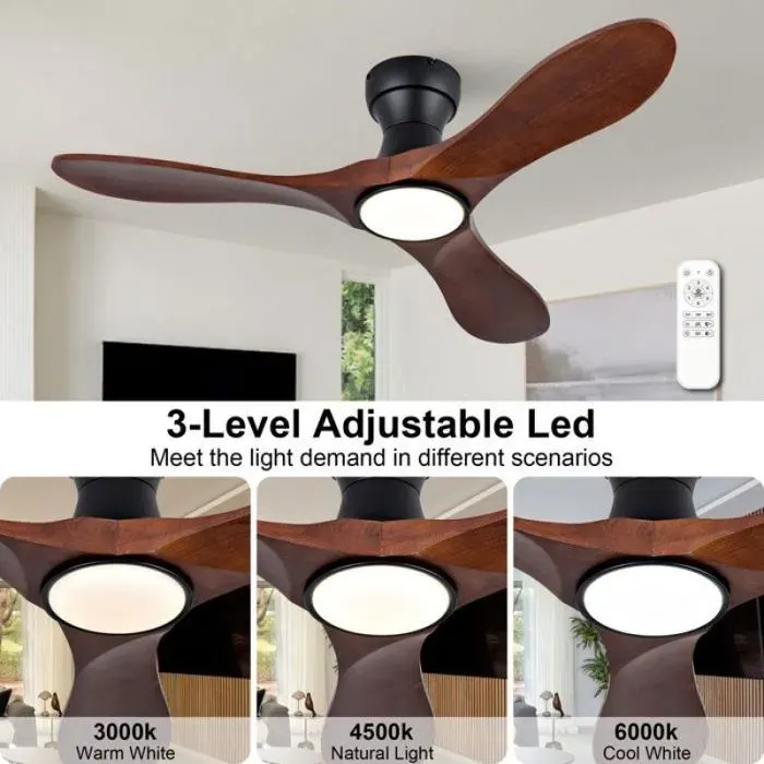 Ventilateur de plafond 106 cm 6 vitesses réglables pales incurvées bois massif éclairage 3 températures de lumière et télécomman