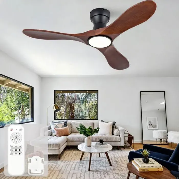 Ventilateur de plafond 106 cm avec éclairage pales incurvées bois massif lumière 3 températures de couleur 6 vitesses et téléco