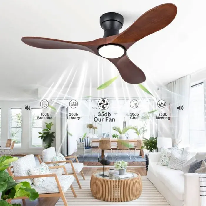 Ventilateur de plafond 106 cm pour salon chambre pales incurvées en bois massif lumière 3 teintes 6 vitesses entièrement téléco