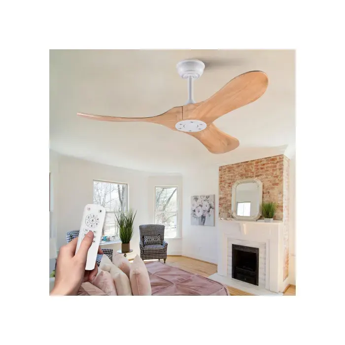 Ventilateur de plafond 106 cm sans lumière avec télécommande silencieux 6 vitesses réversible blanc et bois