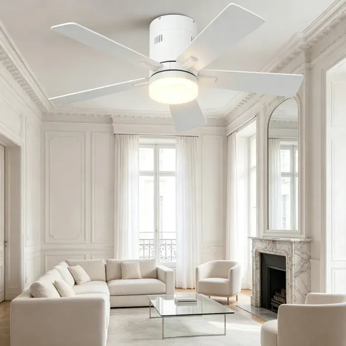 Ventilateur de plafond 106cm 5 pales LED 3 couleurs 6 vitesses silencieux 30-45dB réversible été/hiver télécommande - Blanc