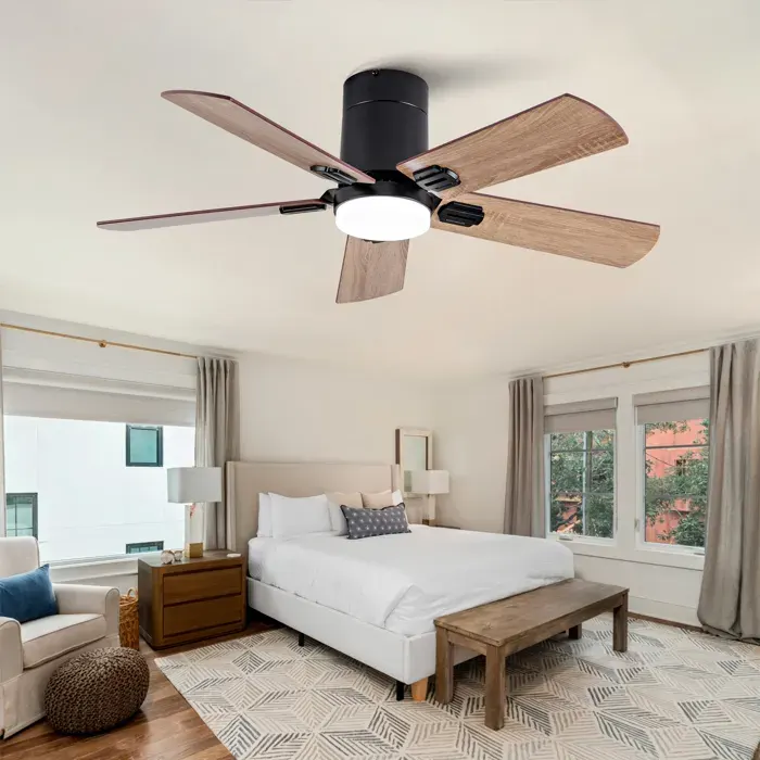 Ventilateur de plafond 106x106x25 cm avec 5 pales en bois LED télécommande moteur DC réversible noir et noyer foncé
