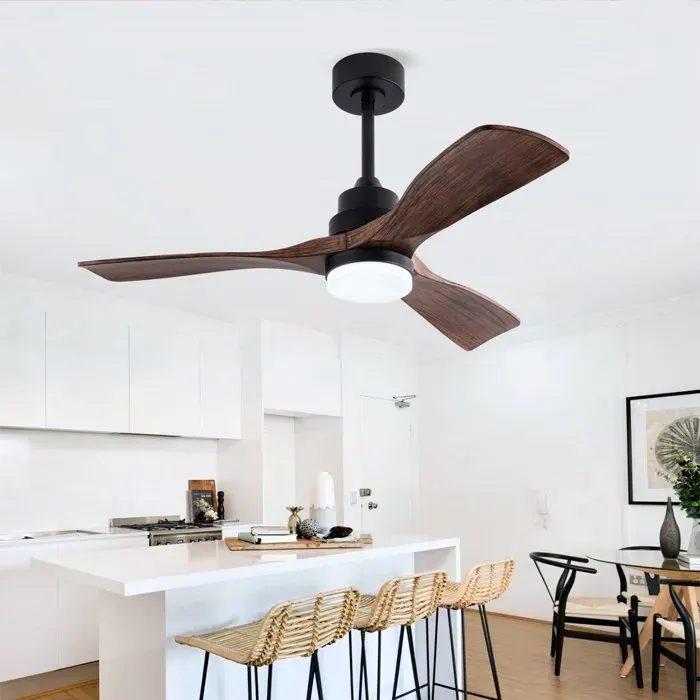 Ventilateur de plafond 106x106x53 cm avec LED 20W télécommande 6 vitesses moteur DC 3 pales en ABS noir et noyer foncé