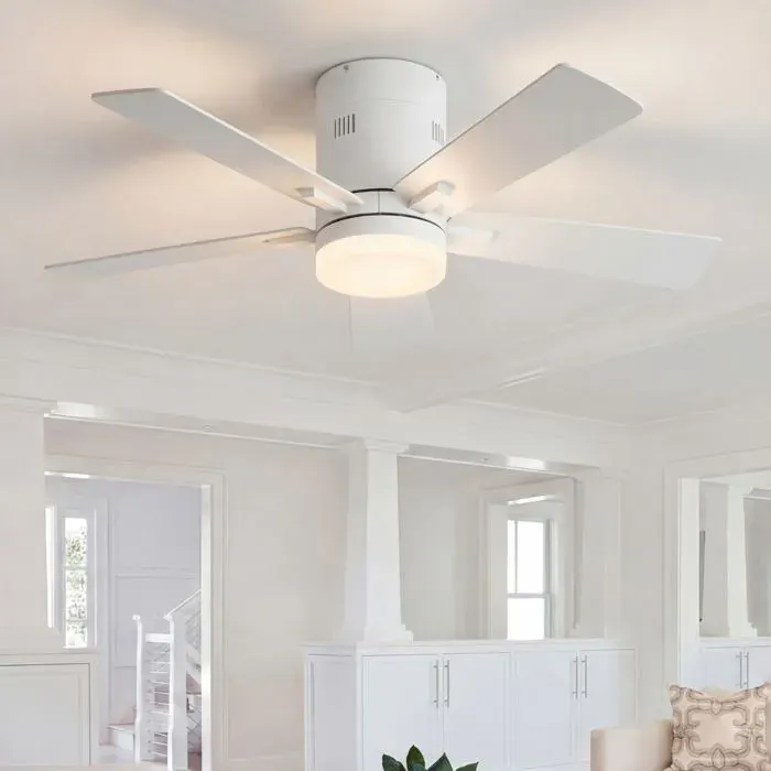 Ventilateur de plafond 107 cm 42 pouces à 5 pales moteur DC inverter silencieux LED 3 couleurs 6 vitesses réglables Blanc