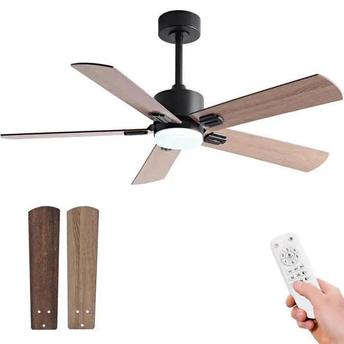 Ventilateur de Plafond 107 cm avec Éclairage - 6 Vitesses - Télécommande - Moteur CC Silencieux - Noir et Noyer Foncé