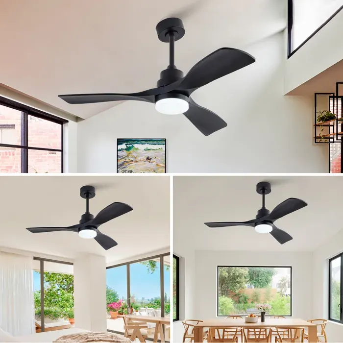 Ventilateur de Plafond Ø 107 cm avec Lampe et Télécommande - Moteur DC Silencieux avec 6 Vitesses - 3 Pales Noires en Fer Reversible