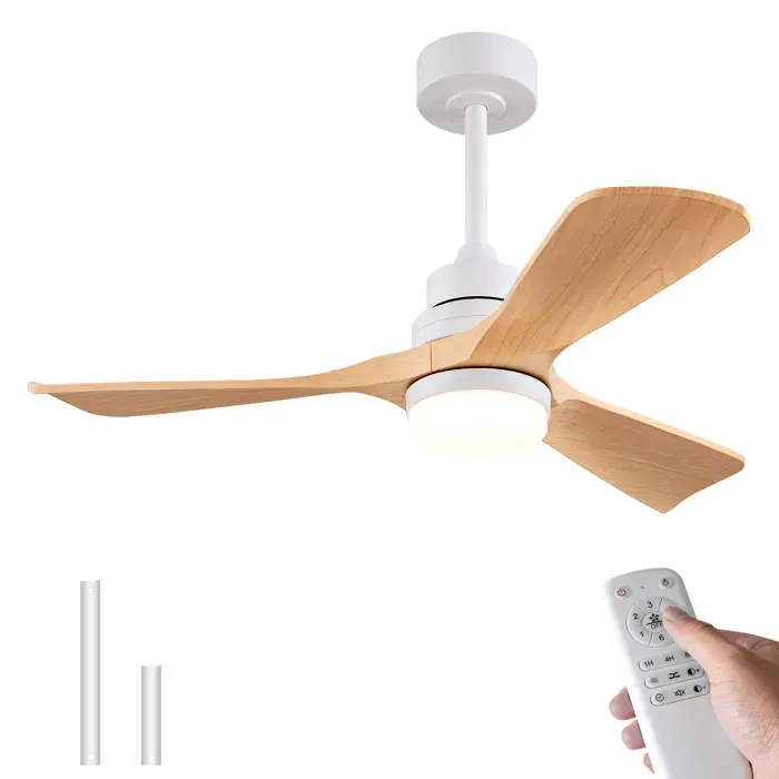 Ventilateur de plafond 107 cm éclairage LED dimmable 3 pales ABS blanc et naturel réversible 6 vitesses télécommande silencieux