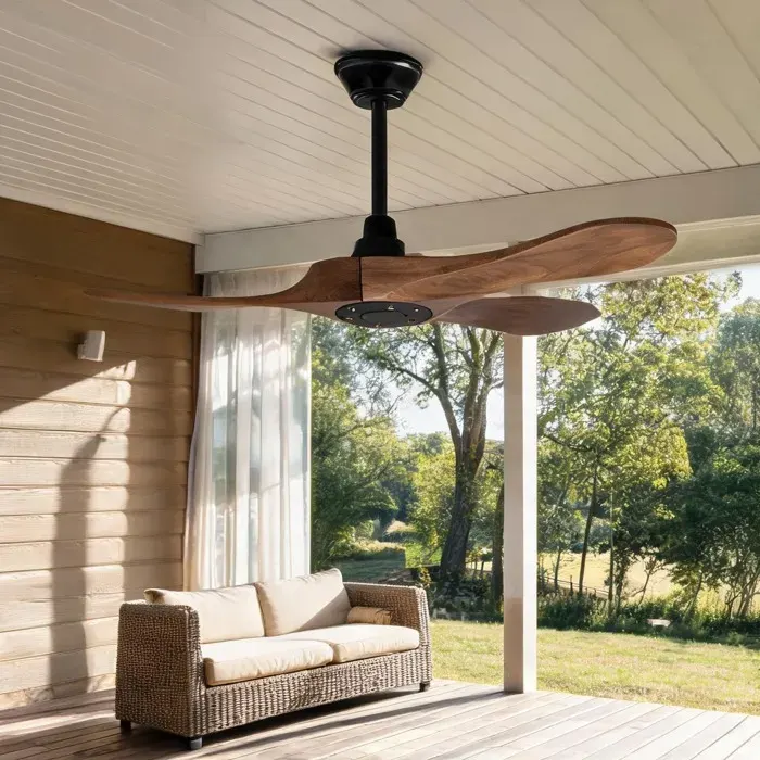 Ventilateur de plafond 107 cm en métal et bois finition noyer foncé et noir silencieux télécommande pour intérieur et