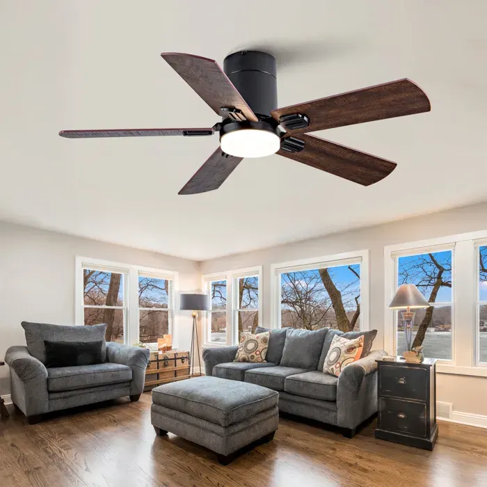 Ventilateur de plafond 107x25 cm avec LED 20 W 3 couleurs réglables moteur CC réversible 5 pales double face coloris bois Noir