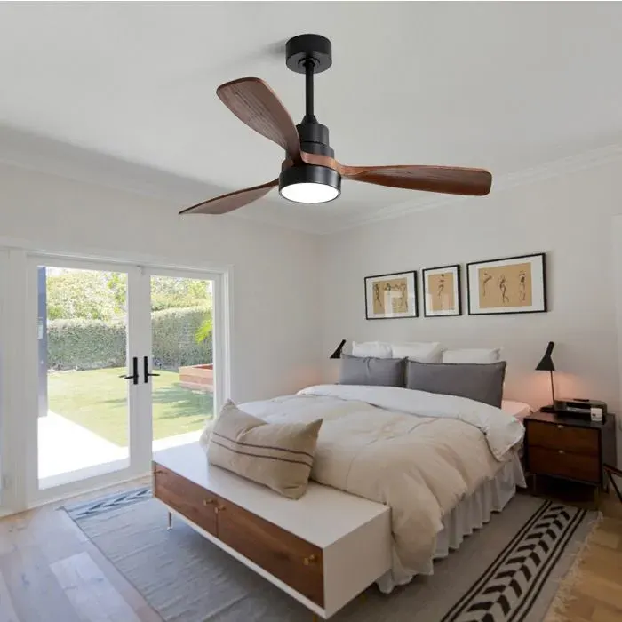 Ventilateur de plafond 122 cm avec lumière LED moteur DC réversible télécommande métal et bois noir