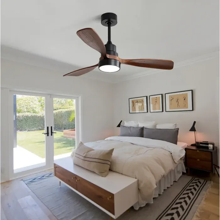 Ventilateur De Plafond 122cm Avec Éclairage LED 3 Pales En Bois Massif Et Télécommande Métal Couleur noyer + Noir