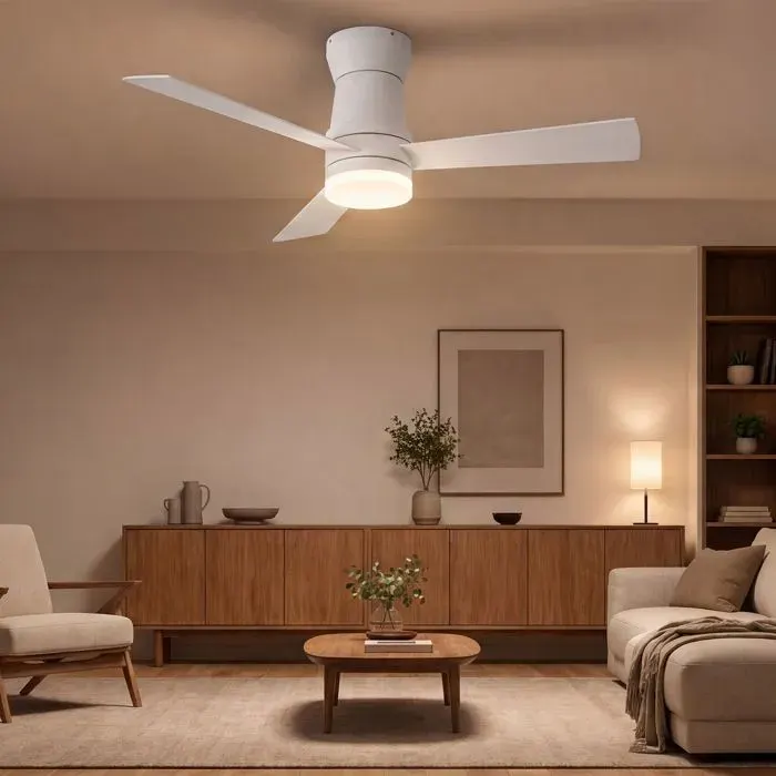 Ventilateur de plafond 132 cm 52 pouces à 3 pales moteur DC inverter silencieux LED 3 couleurs 6 vitesses réglables Blanc