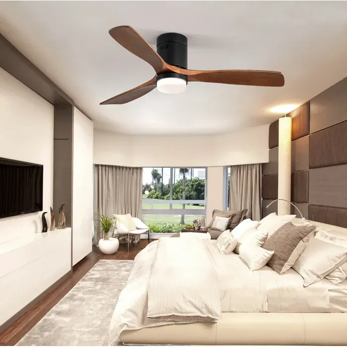 Ventilateur de plafond 132 cm affleurant avec lumière 3 pales bois massif réversible silencieux télécommande