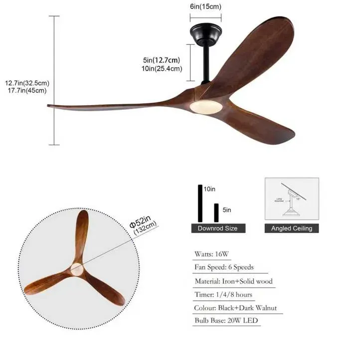 Ventilateur de plafond 132 cm avec éclairage LED 3 pales en bois noyer foncé moteur DC réversible 6 vitesses ORVRYN