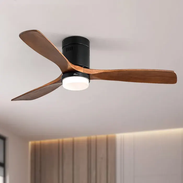 Ventilateur de plafond 132 cm avec éclairage LED silencieux réversible 3 pales bois et métal Noir