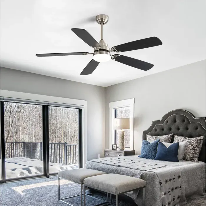 Ventilateur de plafond 132 cm avec LED 18W. 3 températures. dimmable. mémoire. moteur DC. MDF nickel brossé