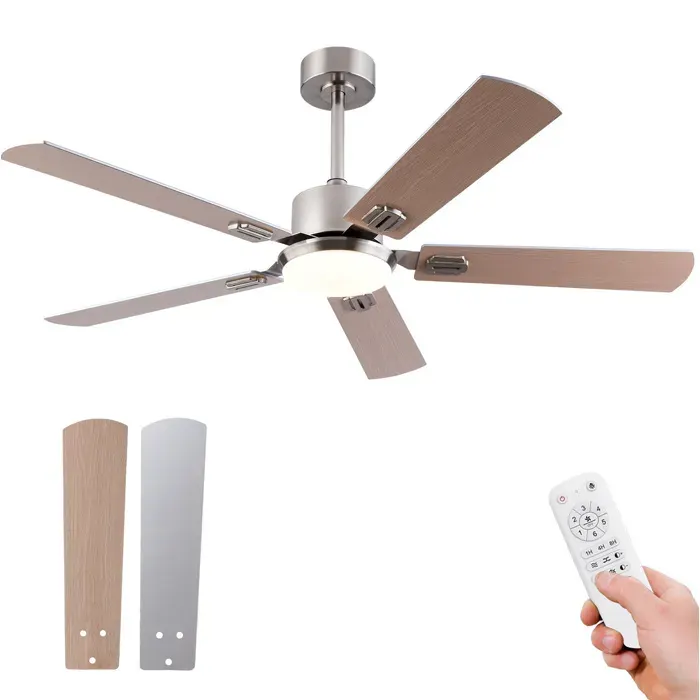 Ventilateur de plafond 132 cm avec LED télécommande 5 pales bois/nickel moteur DC silencieux 6 vitesses