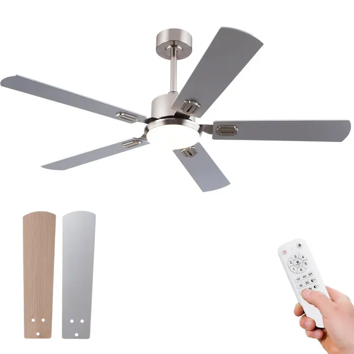 Ventilateur de plafond 132 cm avec lumière LED EVRYAE télécommande 5 pales moteur DC réversible nickel