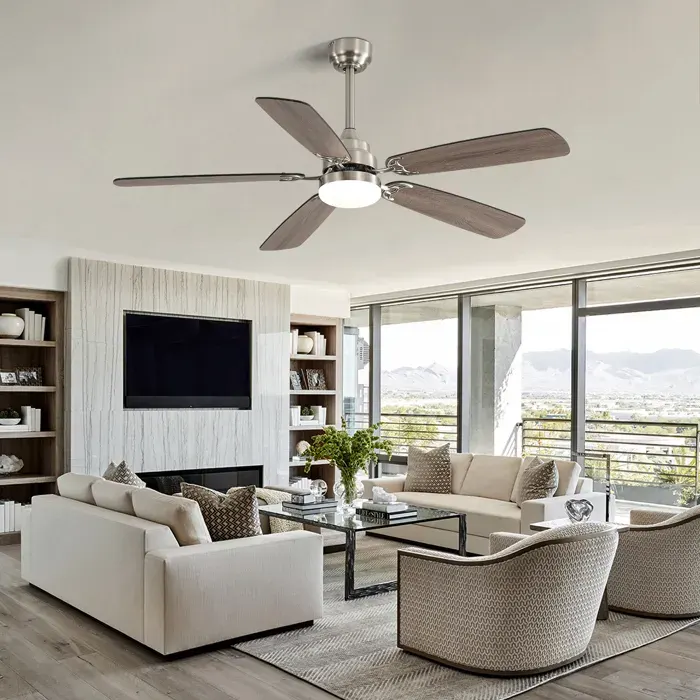 Ventilateur de plafond 132 cm avec lumière LED moteur DC réversible silencieux 3 températures de couleur nickel brossé