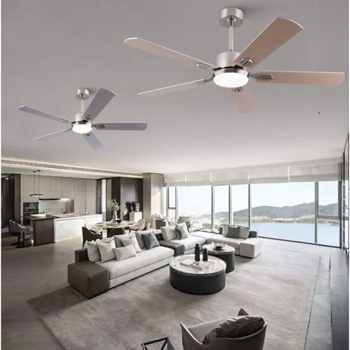 Ventilateur de plafond 132 cm avec lumière LED télécommande 5 pales moteur DC réversible nickel