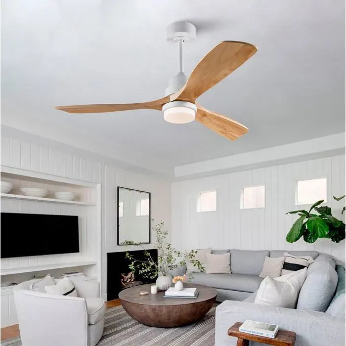 Ventilateur de plafond 132 cm avec lumière LED télécommande moteur DC réversible blanc et bois naturel