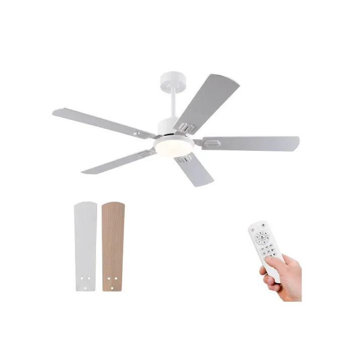 Ventilateur de plafond 132 cm avec lumière LED télécommande réversible 6 vitesses blanc et bois clair