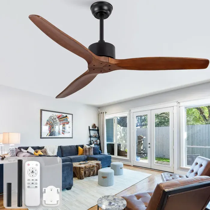 Ventilateur de plafond 132 cm sans éclairage avec télécommande 6 vitesses fonction réversible bois noyer et noir