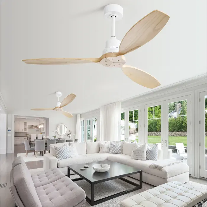 Ventilateur de plafond 132 cm sans éclairage blanc et bois moteur DC réversible 6 vitesses télécommande