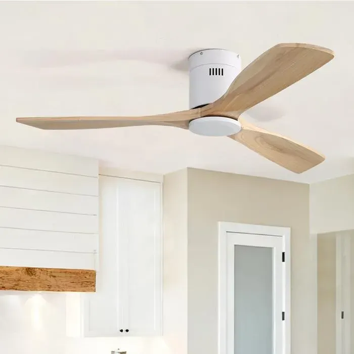Ventilateur de plafond 132 cm sans lumière 3 pales en bois massif moteur DC réversible blanc