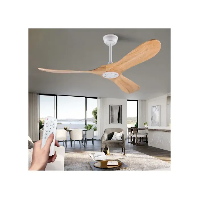 Ventilateur de plafond 132 cm sans lumière télécommande silencieux 6 vitesses réversible blanc et bois naturel