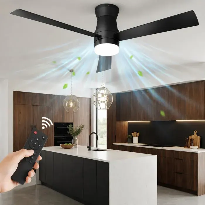 Ventilateur de plafond 132 cm silencieux CC avec lumière réglable - 3 Pales 6 vitesses et télécommande - Mode Été/Hiver noir